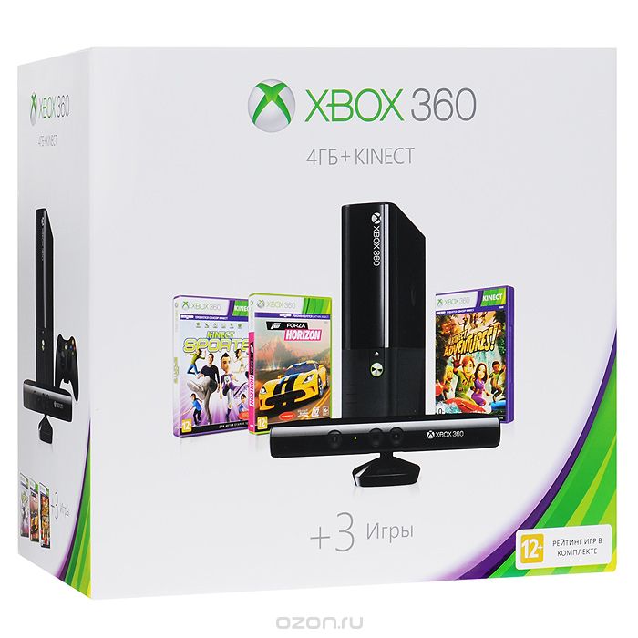 Купить Игровая приставка Microsoft Xbox 360 E (4 ГБ) + сенсор Kinect + игра «Kinect Sports» + игра «Forza Horizon» + игра «Kinect Adventure»