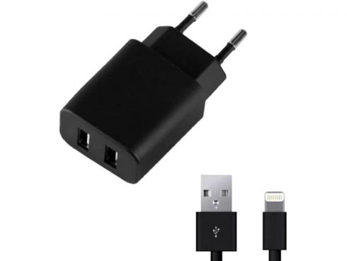 Купить Сетевое зарядное устройство Deppa Ultra 2.1A 2 USB дата-кабель с разъемом 8-pin для Apple черный 11355