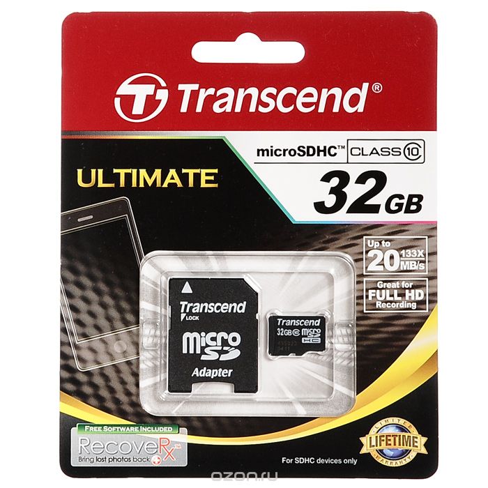 Купить Transcend microSDHC Class 10 32GB + адаптер